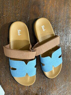 Ladies Sheln Denim & Brown Slides Sandals Shoes sz 8M 8 NEW NIP